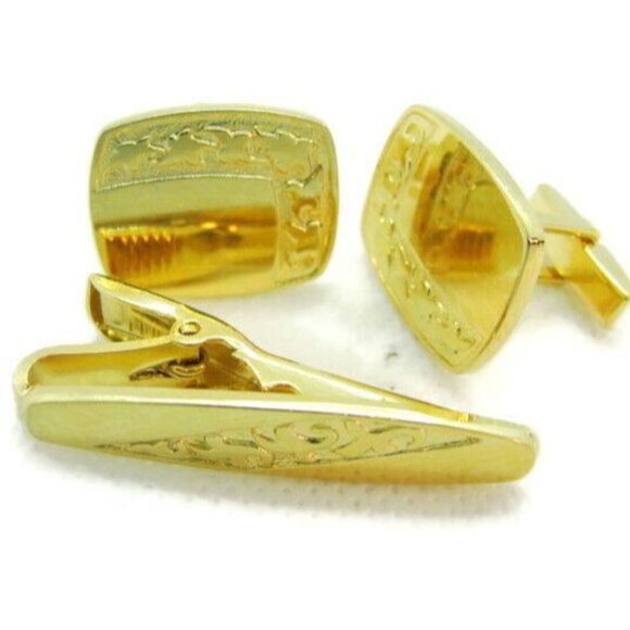 USA Rectangle Engraveable Men Vintage Cufflinks Bullet Gold Tone Set Tie - Picture 1 of 7